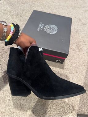 Vince Camuto Black Suede Pointed Ankle Boot with Block Heel